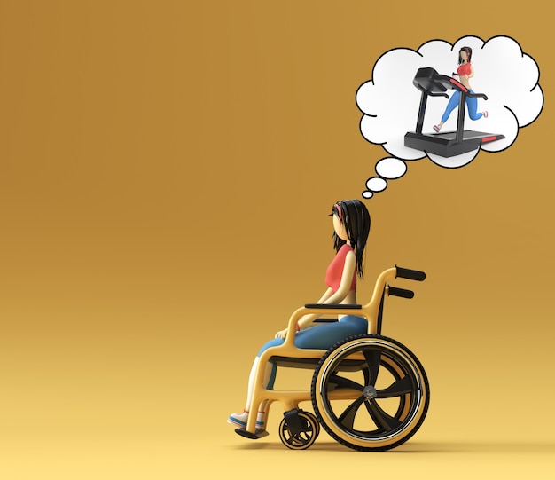 3d Render Woman Sitting on wheelchair think running on treadmill 3d illustration Design.