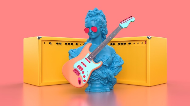 3d render woman with electric guitar and two subwoofers pink background woman with electric guitar and two subwoofers pink background rock and roll