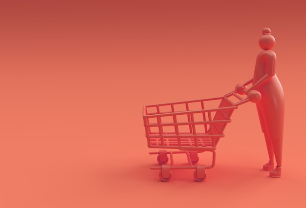 Photo 3d render woman with shopping cart icon illustration design.