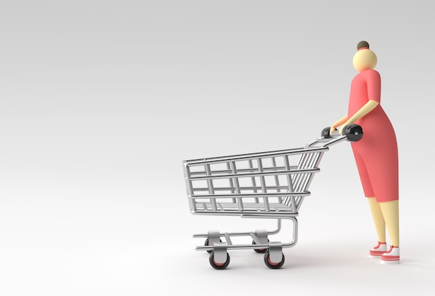 Photo 3d render woman with shopping cart icon illustration design.