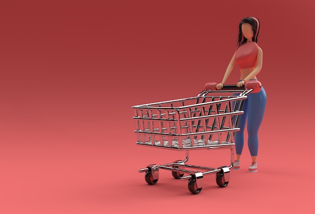 3D Render Woman with Shopping Cart Icon illustration Design.