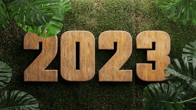 3d render wood 2023 happy new year celebration on nature with plant