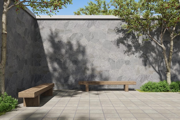 3d render of wooden bench in the backyard garden with stone cladding wall and pavement floor