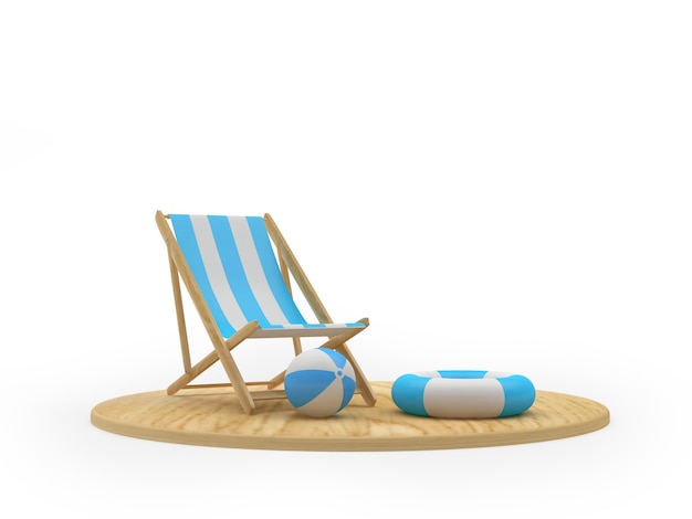 Foto 3d rendono la tavola di legno con sedia a sdraio, salvagenti e palloni da spiaggia su sfondo bianco