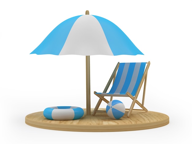 3d render wooden board with beach umbrella, chair and lifebuoys on white background