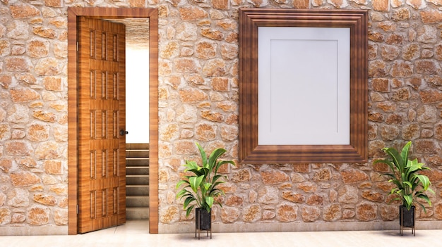 3d render of a wooden door open on a stone brick wall with\
empty wooden frame 3d open door with stair and plantes