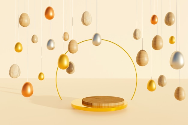 3D render of wooden and golden podium with different Easter eggs over beige background. Abstract background.