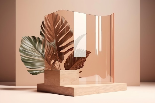 3D render wooden podium with glass wall tropical leaves of plants AI generated