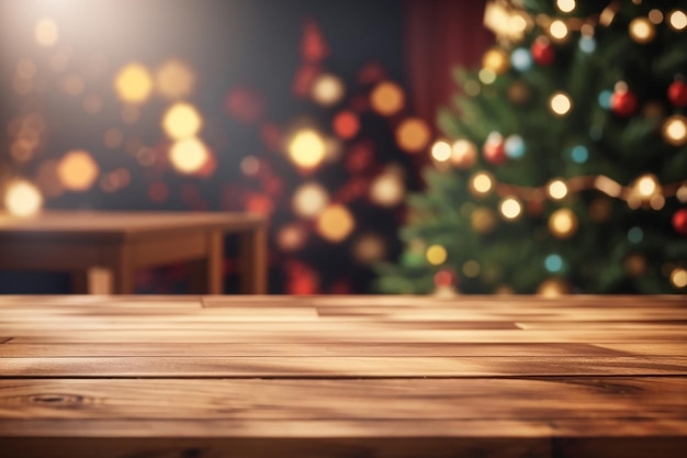 3d render of a wooden table against a defocussed christmas tree background