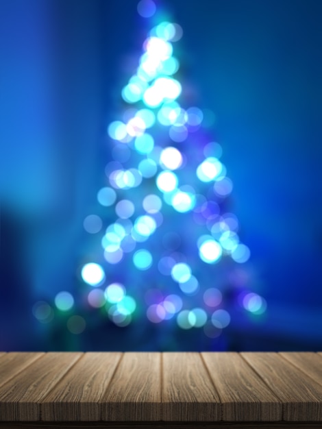 3D render of wooden table looking out to a defocussed Christmas tree