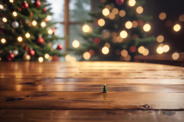 3d render of a wooden table looking out to a defocussed christmas tree