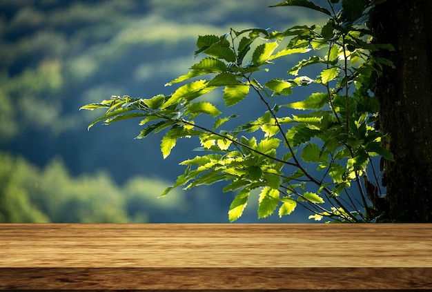 Foto 3d rendering di un tavolo di legno che guarda fuori ad un interno della stanza defocussed