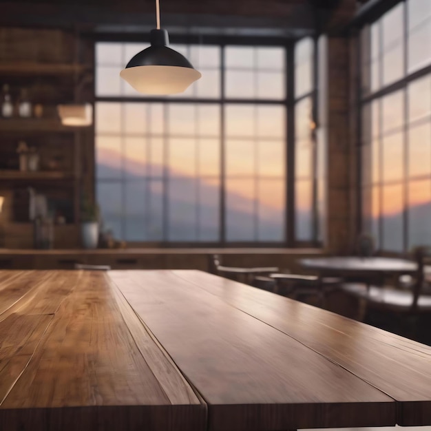 3d render of a wooden table looking out to a defocussed room interior