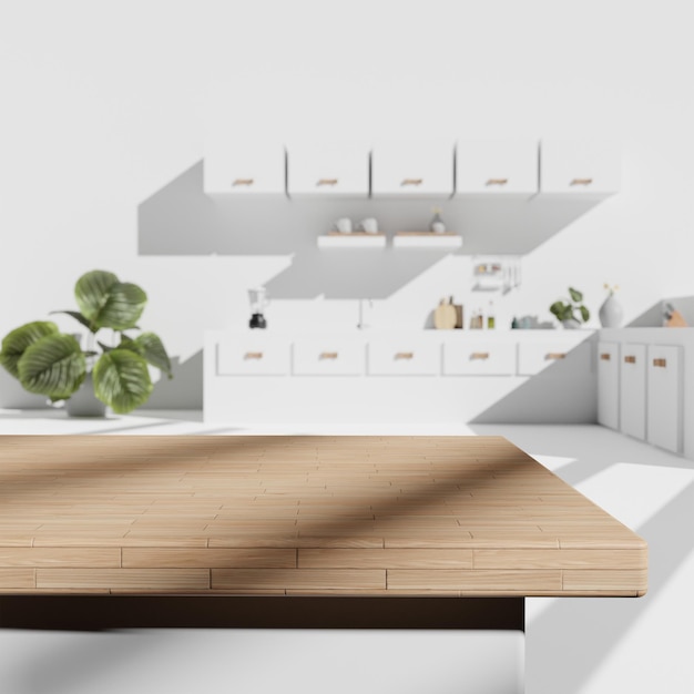 3d Render Wooden top table in kitchen