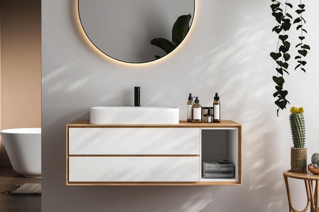 3D render an wooden vanity counter with whiteceramic washbasin and modern style faucet in a bathroom