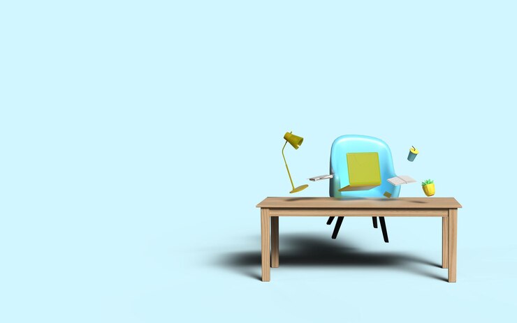 Photo 3d render of a writing desk with a laptop flying in the air a lamp paper and a telephone