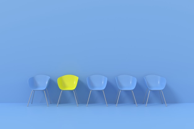 3d render of yello chair among blue chairs isolated on blue background