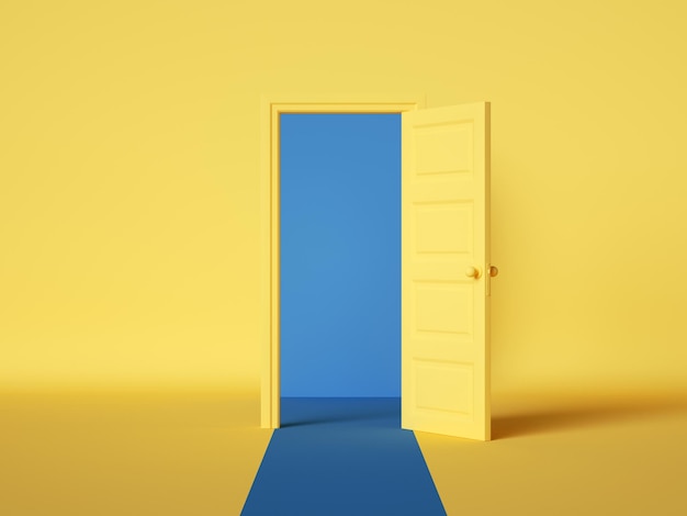 3d render yellow blue background with open door