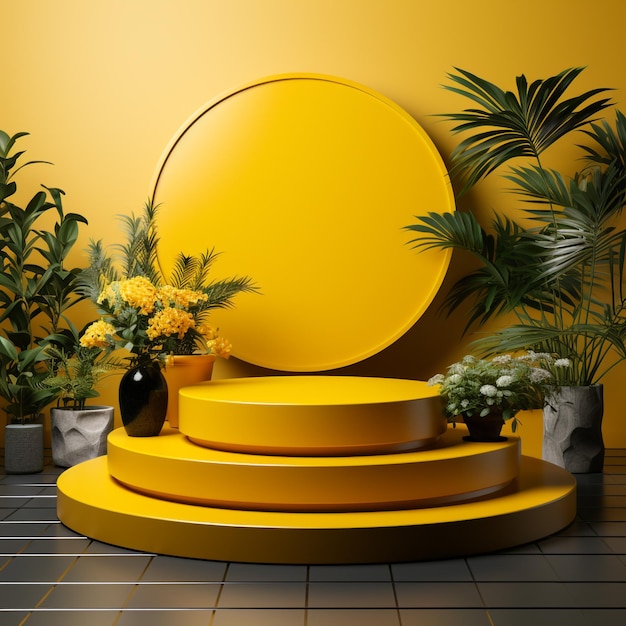 3D визуализация желтого круга подиума с современным фоном и растительным декором