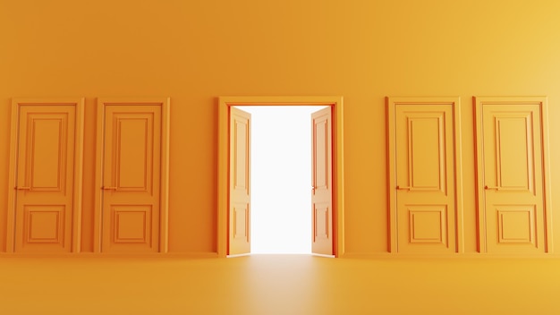 3D render of yellow door open between closed doors on orange background