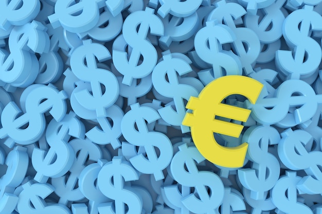 3D визуализация желтый знак евро на фоне синих знаков доллара
