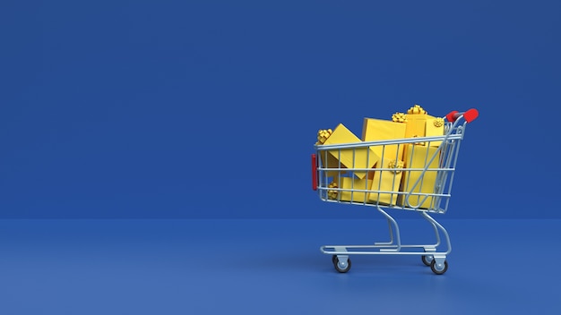 3d render the yellow gift box on the shopping cart on blue background