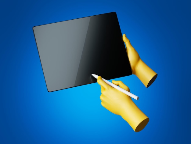 3d 렌더링 노란색 손은 광택 터치 스크린이 있는 디지털 펜 패드가 있는 검은색 장치를 잡고 있습니다.