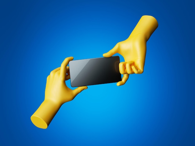 3d 렌더링 노란색 손은 터치스크린이 있는 검은색 광택 스마트폰 디지털 장치를 들고 있습니다.