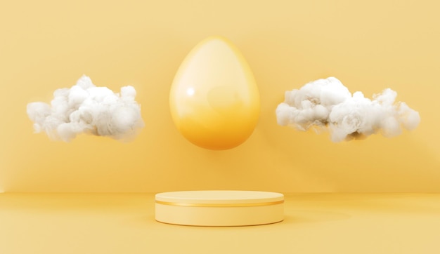 3D render yellow podium stand platform with flying white clouds and Easter eggs