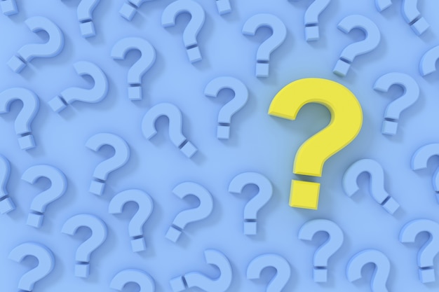 3d render yellow question mark sign among blue question marks on blue background