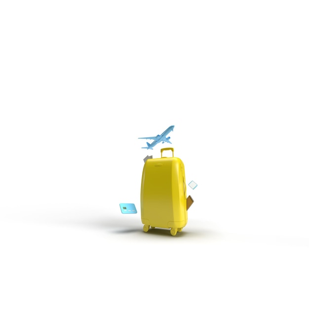 3d render Yellow suitcase with a credit card and a phone An airplane takes off in the background