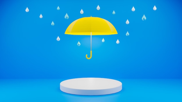 Photo 3d render yellow umbrella with raindrops product display stage for presentation