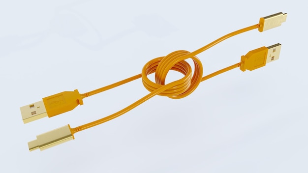흰색 배경에 USB 케이블에 고립 된 노란색 usb typec의 3D 렌더링