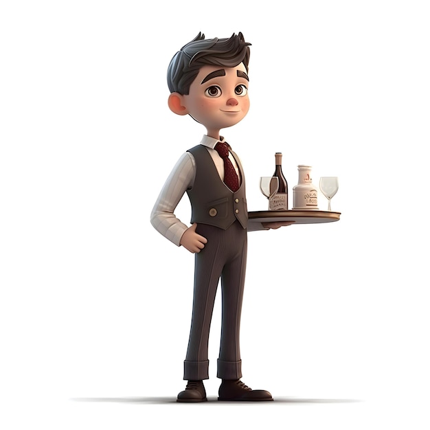 3D Render of a Young Business man with wine bottle and tray