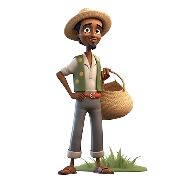 3D Render of a young farmer with a straw hat and bag