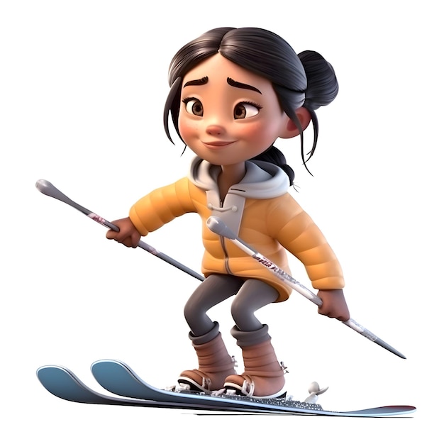 3D Render of a young girl skier with skis on white background