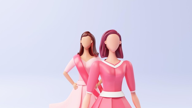3d render young girls character on light blue background and copy space happy women's day concept