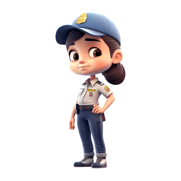 3D Render of a Young Police Woman with a cap and blue pants