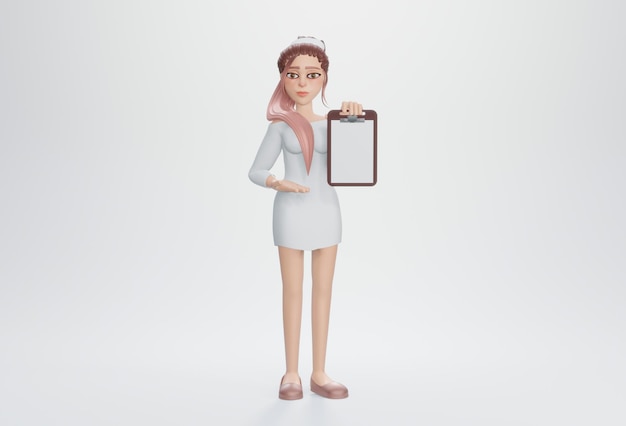 3d render Young pretty businesswoman posing with empty clipboard