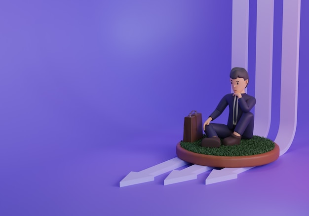 3D render zakenman ilustration zitten op paarse achtergrond met pijlen