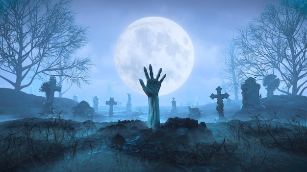 3Dレンダリングゾンビの手が墓地の月を背景に夜に地面から這い出します
