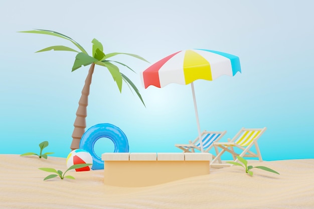 3d render Zomerverkoop podiumstandaard voor het tonen van product Strandvakanties Scène in de zomer voor mock-up