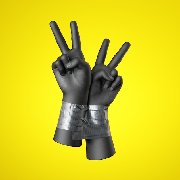 3D render zwarte menselijke handen vastgebonden met tape geïsoleerd op gele achtergrond