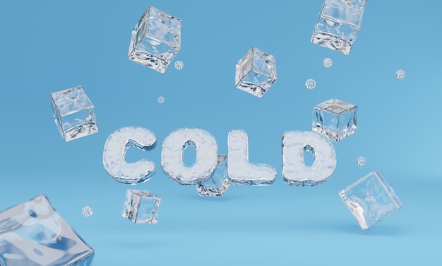 3d renderd cold word with ice cubes falling around on blue background