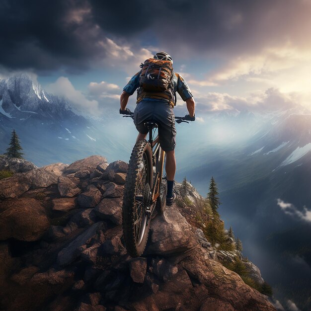 3d renderd photo of mountain bike rider in the top of the mountain