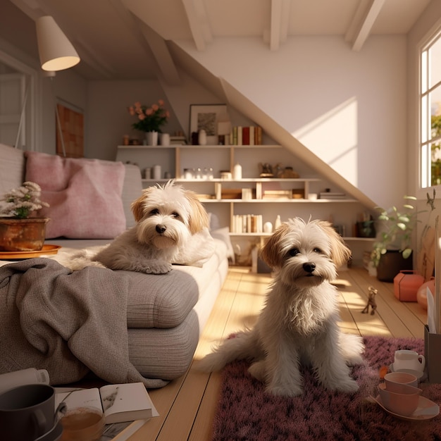 写真 3dレンダリング 犬の写真 居心地の良い家 インテリアデザイン