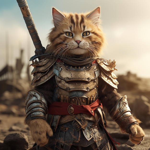 사진 3d 렌더링: 전사 의복을 입은 고양이가 손에 검을 들고 전장에서 서 있는 초상화 모드