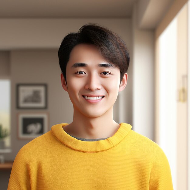 사진 노란색 스웨터를 입은 중국인 젊은이, 따뜻한 실내 환경,  벽
