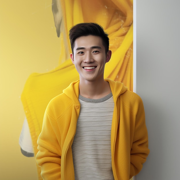 Фото Китайский молодой человек в желтом свитере теплая внутренняя среда белая стена