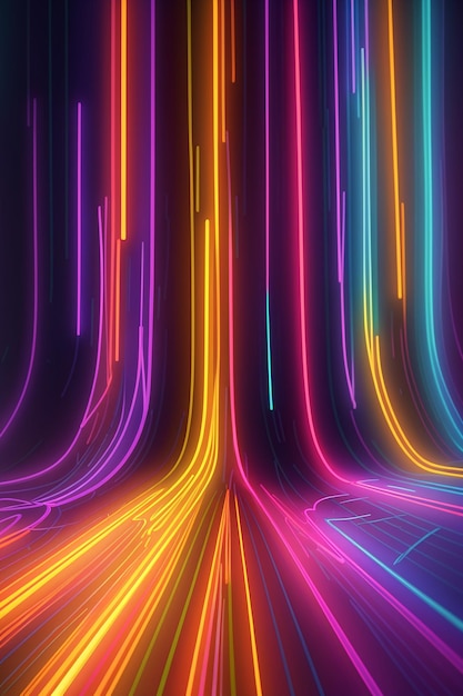カラフルなスペクトルの明るいネオン線と輝く線で3Dでレンダリングされた抽象的な背景